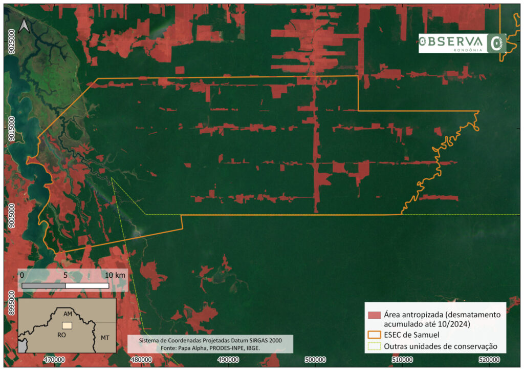 Mapa da ESEC Samuel com destaque à áreas desmatadas.